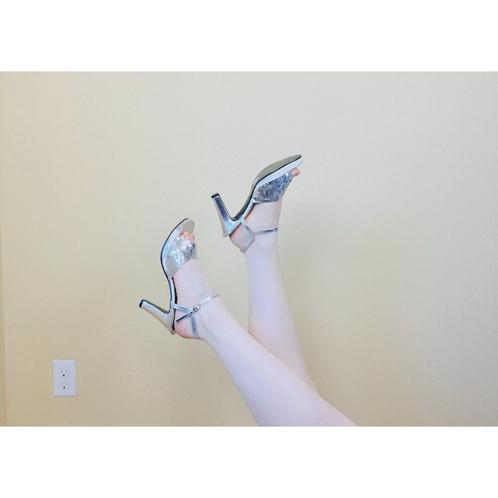 1980s Vintage Silver Sequin Heels / 80s Disco Slingback Metallic Sequined Size 9